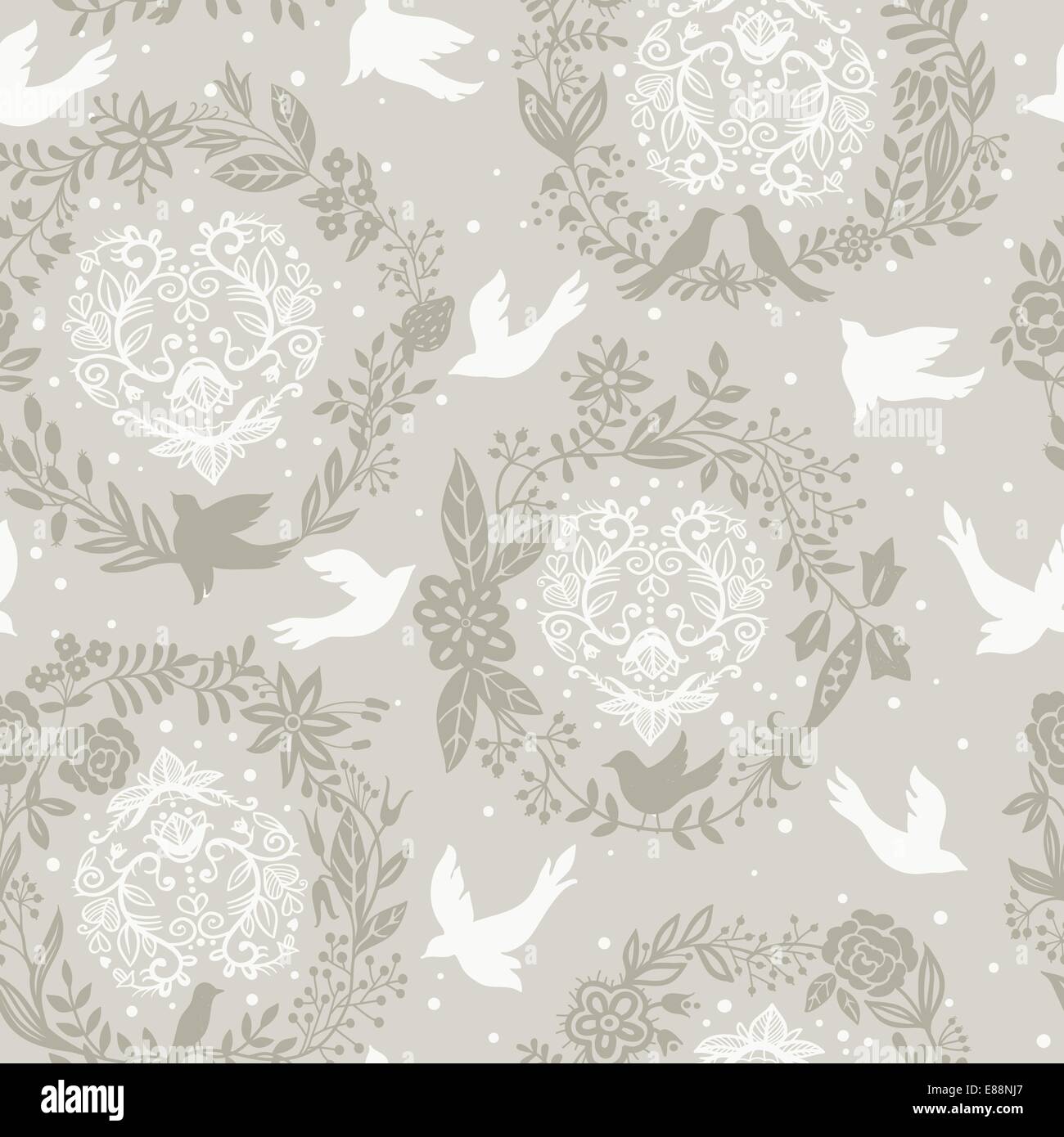 vector seamless floral pattern with floral hearts and flying birds ...