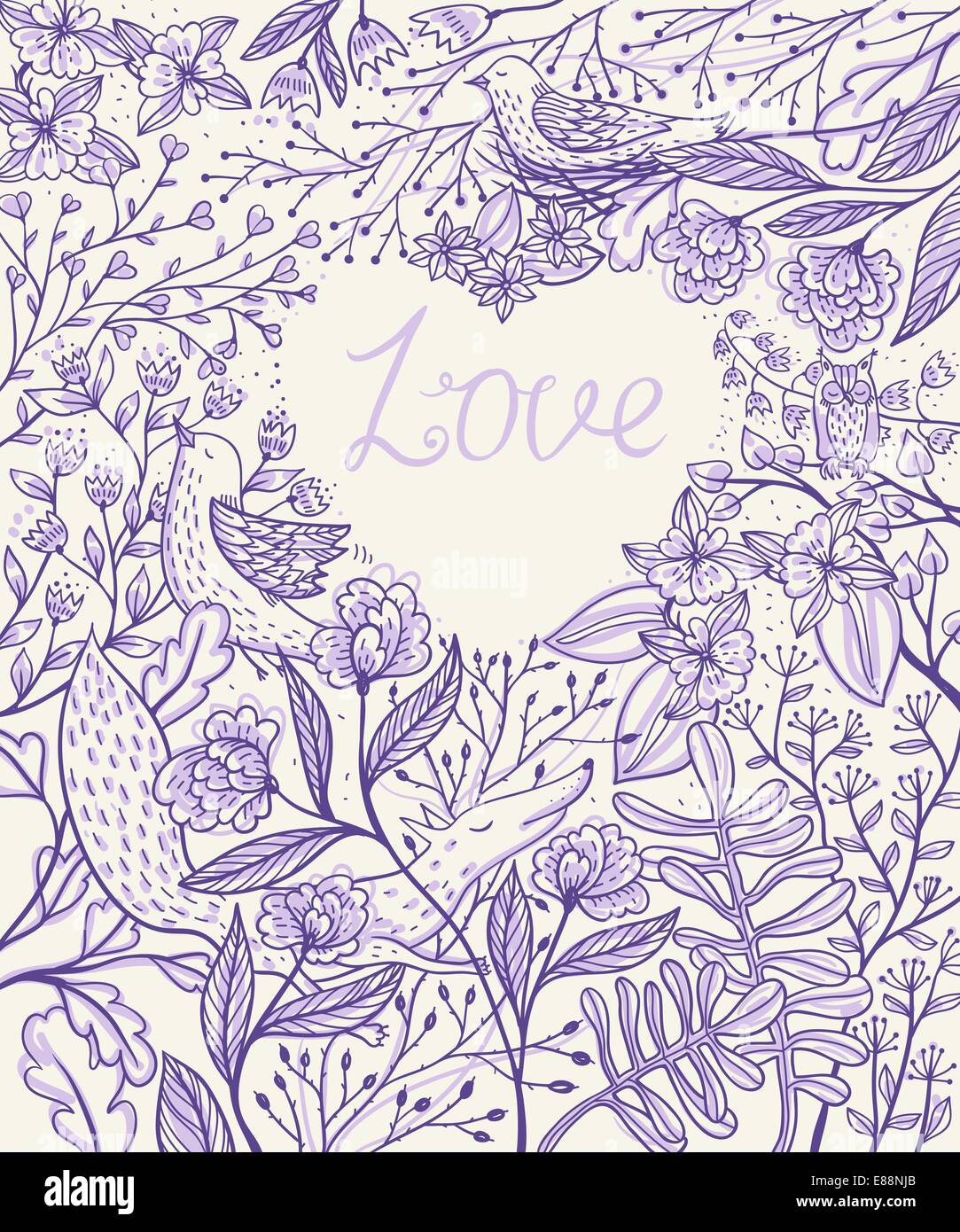 vector floral background with animals, birds and blooming flowers Stock ...