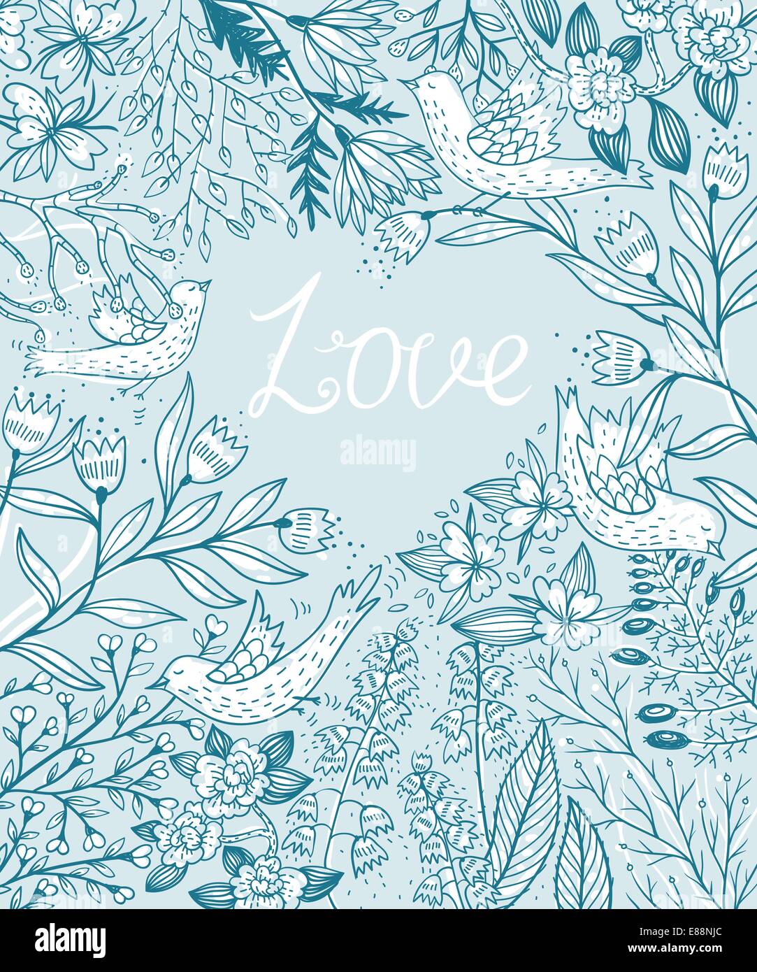 vector floral background with hand drawn flowers and birds Stock Vector ...