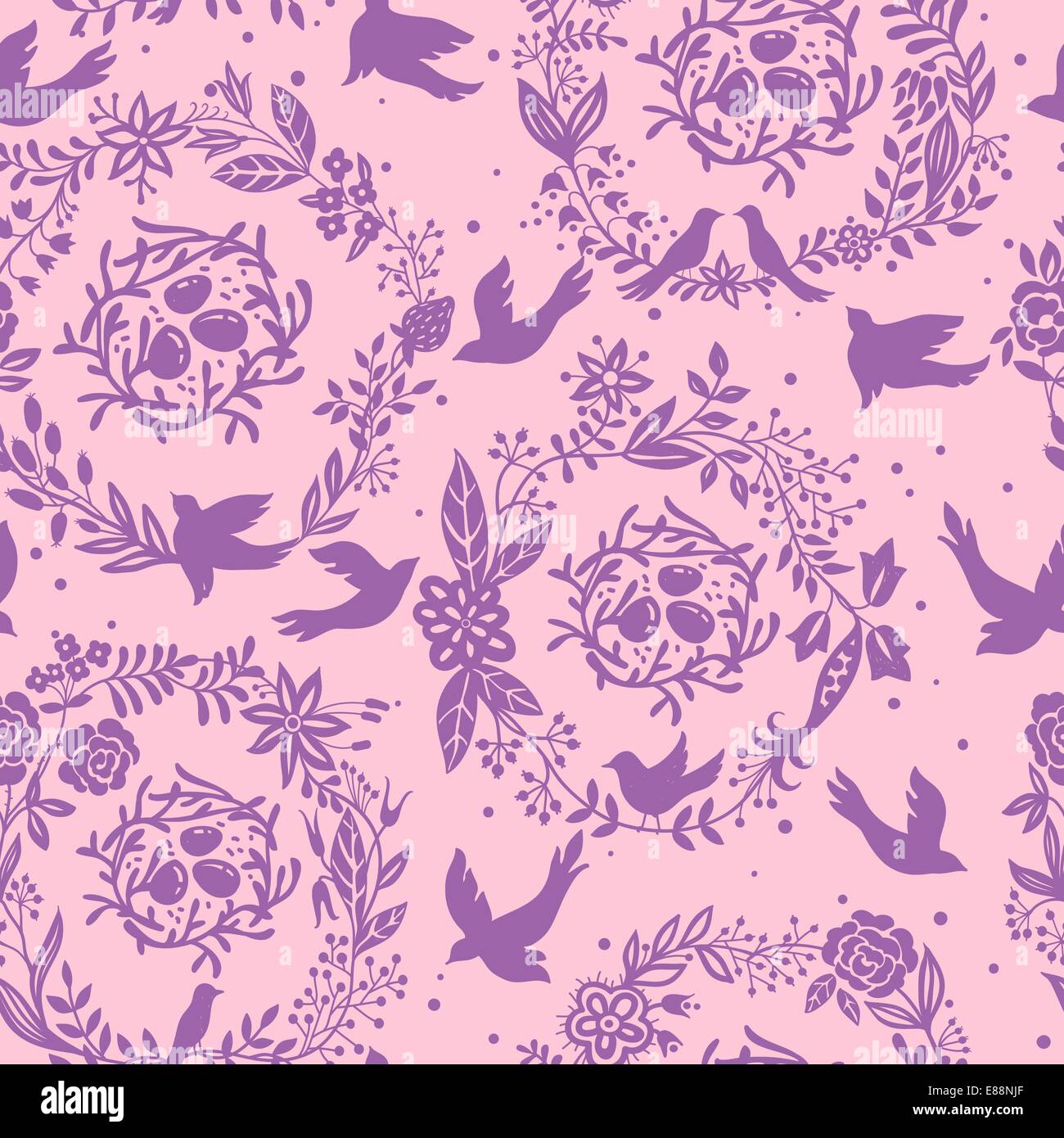 vector seamless floral pattern with garlands, birds and nests Stock ...