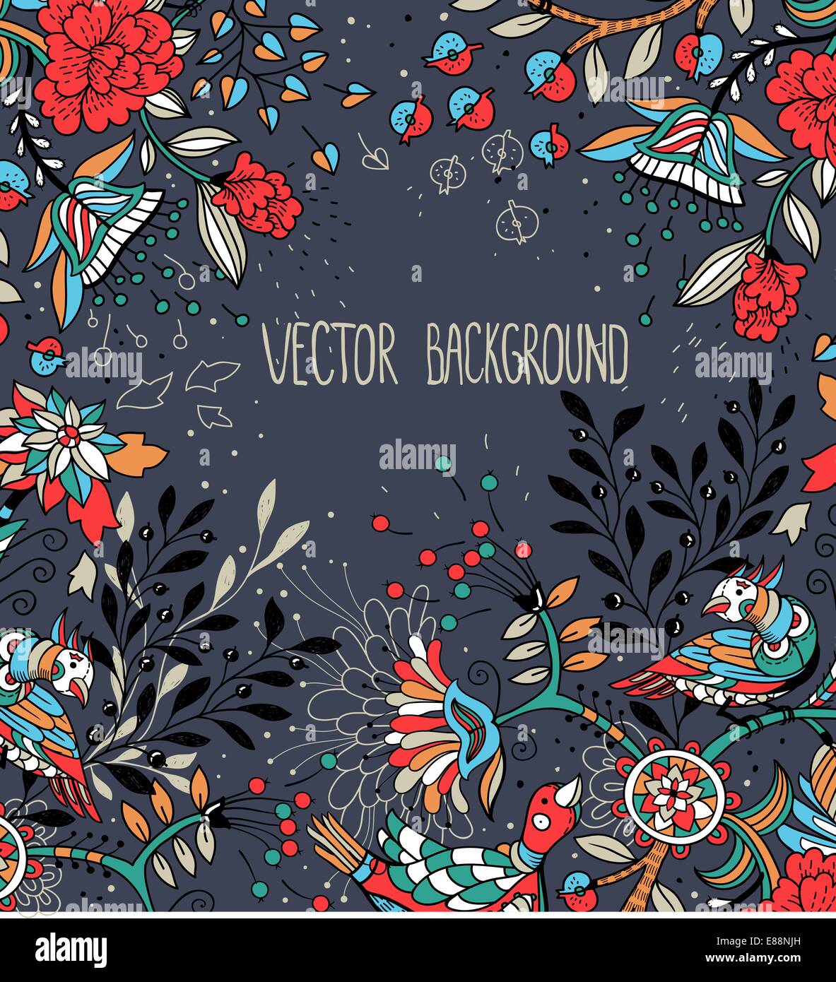 vector floral background with abstract colorful birds and flowers Stock ...