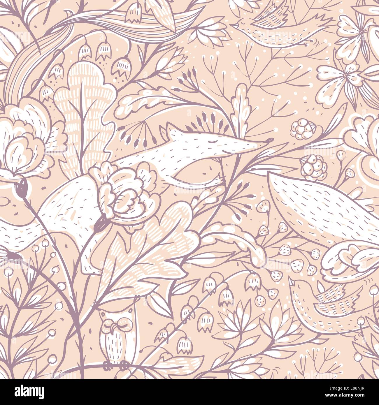 vector floral seamless pattern with fantasy plants and cute animals ...