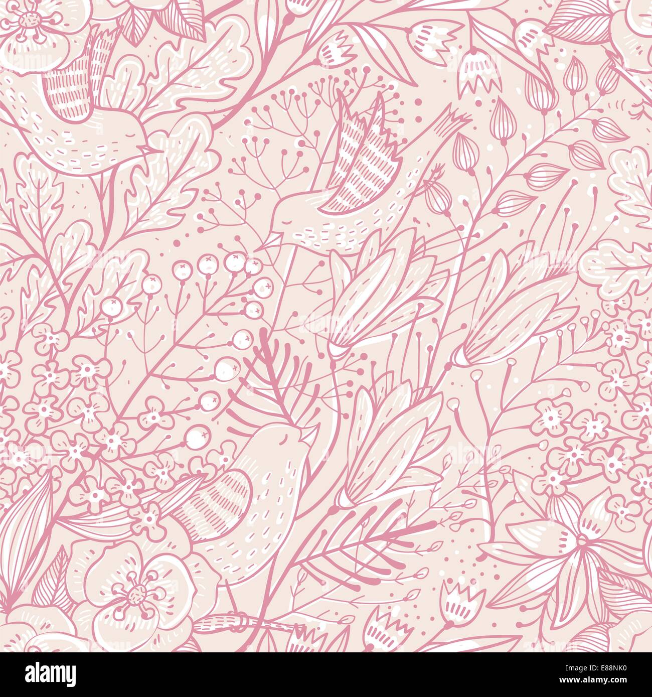 vector floral seamless pattern with fantasy plants and birds Stock ...