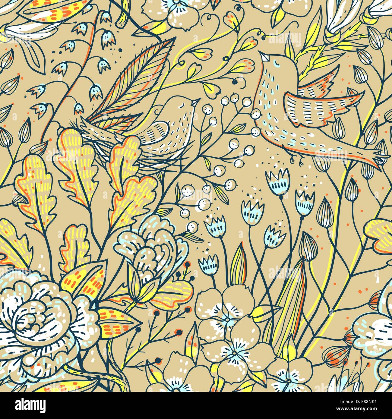 vector floral seamless pattern with birds and blooming flowers Stock ...