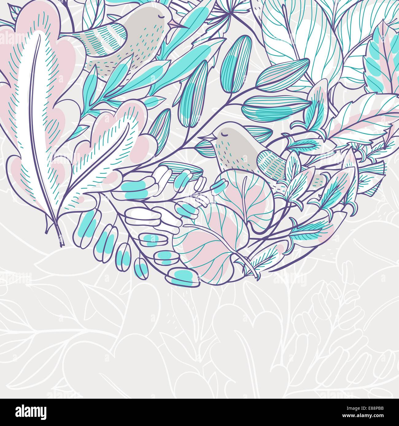 vector floral background with hand drawn leaves and birds Stock Vector ...