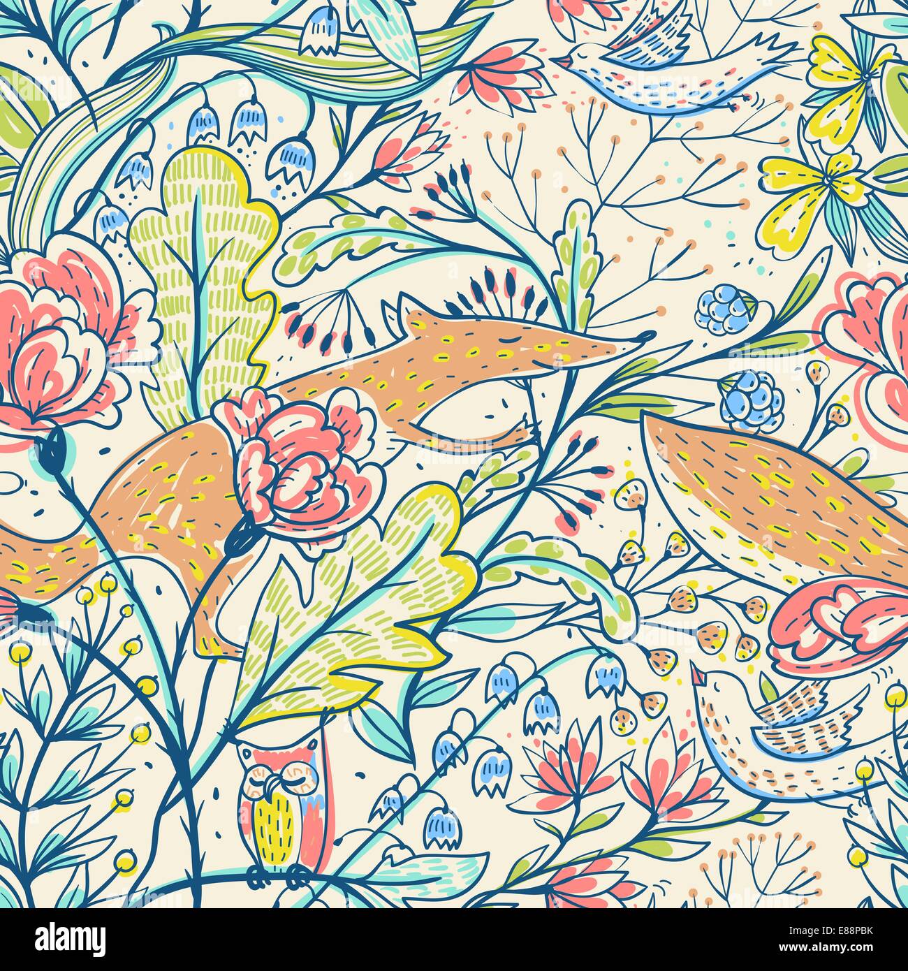 vector floral seamless pattern with flowers and foxes Stock Vector ...