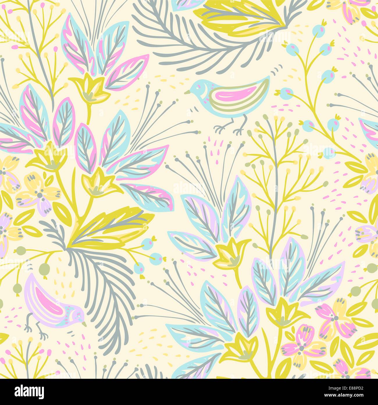 vector floral seamless pattern with abstract flowers and birds Stock ...