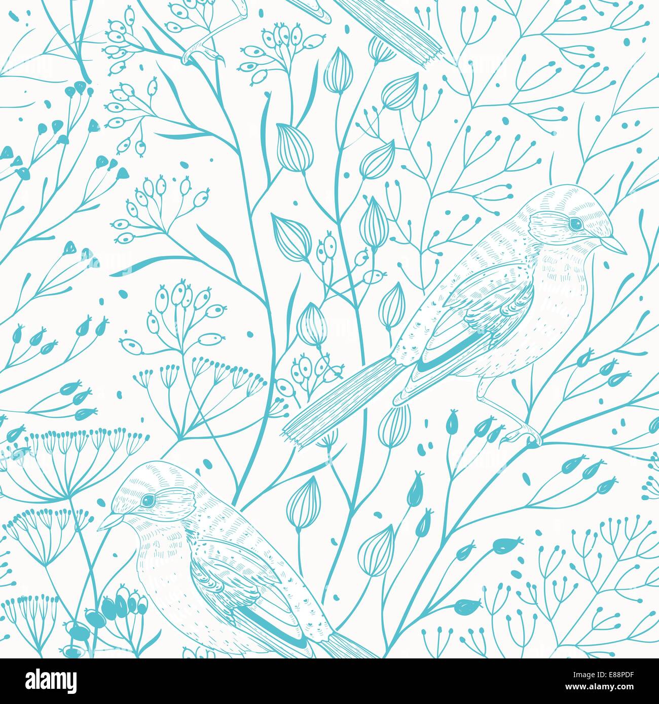 vector floral seamless pattern with blue herbs and birds Stock Vector ...