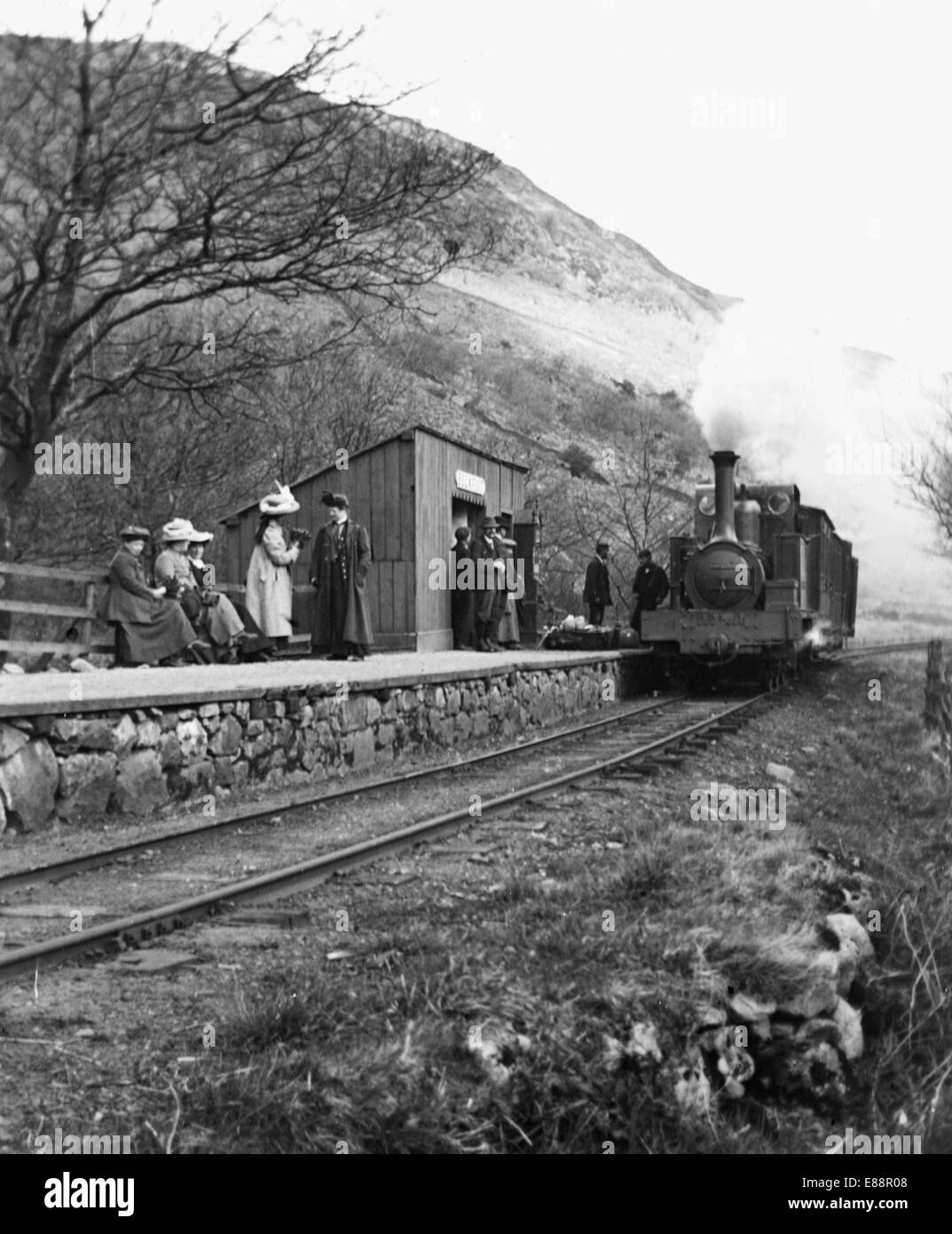 Beckfoot Station on the Boot Railway Easter 1906. Lake District, Cumbria, England. The 3ft narrow guage railway closed in 1913. Stock Photo