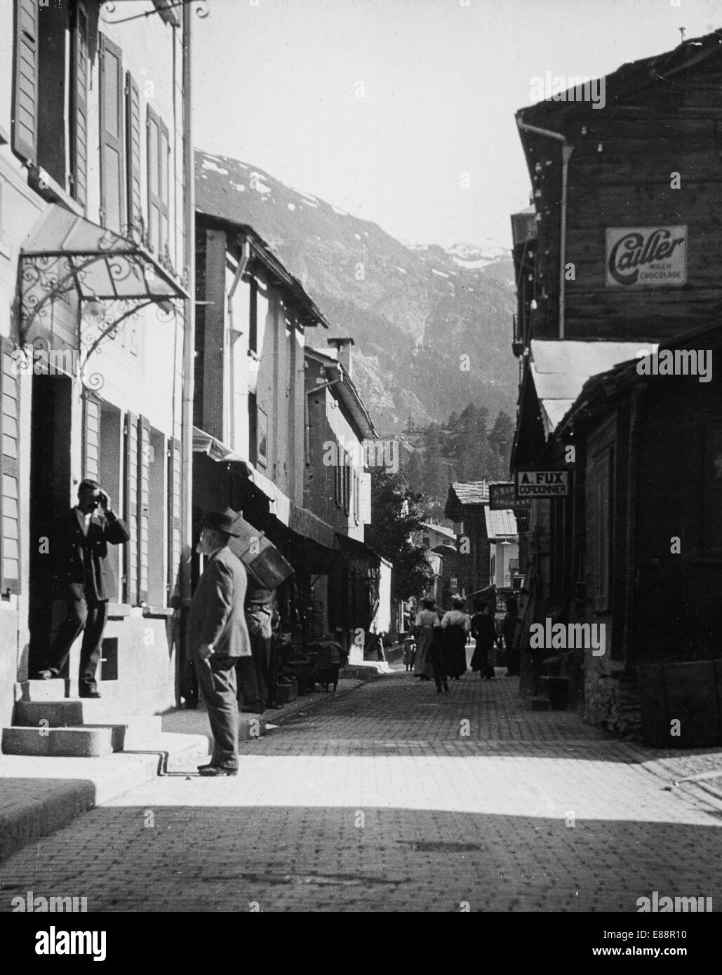 Street scene in Zermatt, Switzerland, 1907. Reproduced from a glass ...