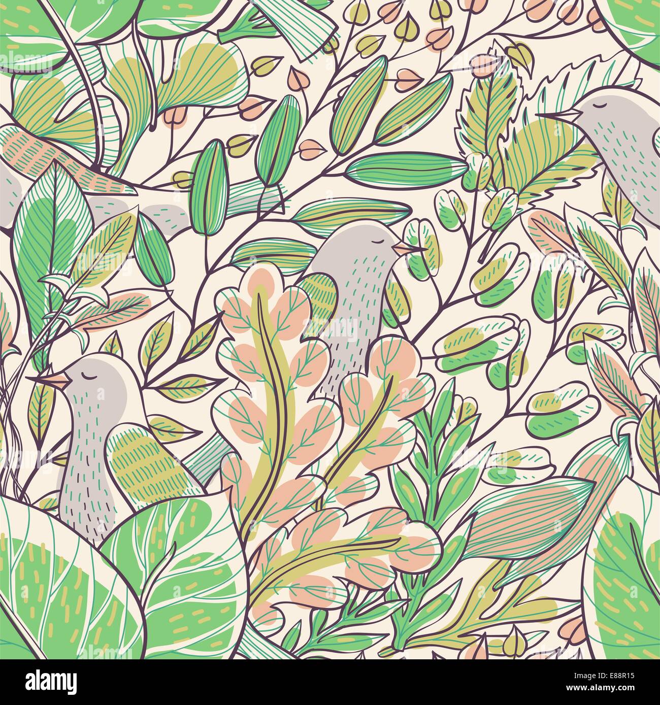 vector floral seamless pattern with leaves and birds Stock Vector Image ...