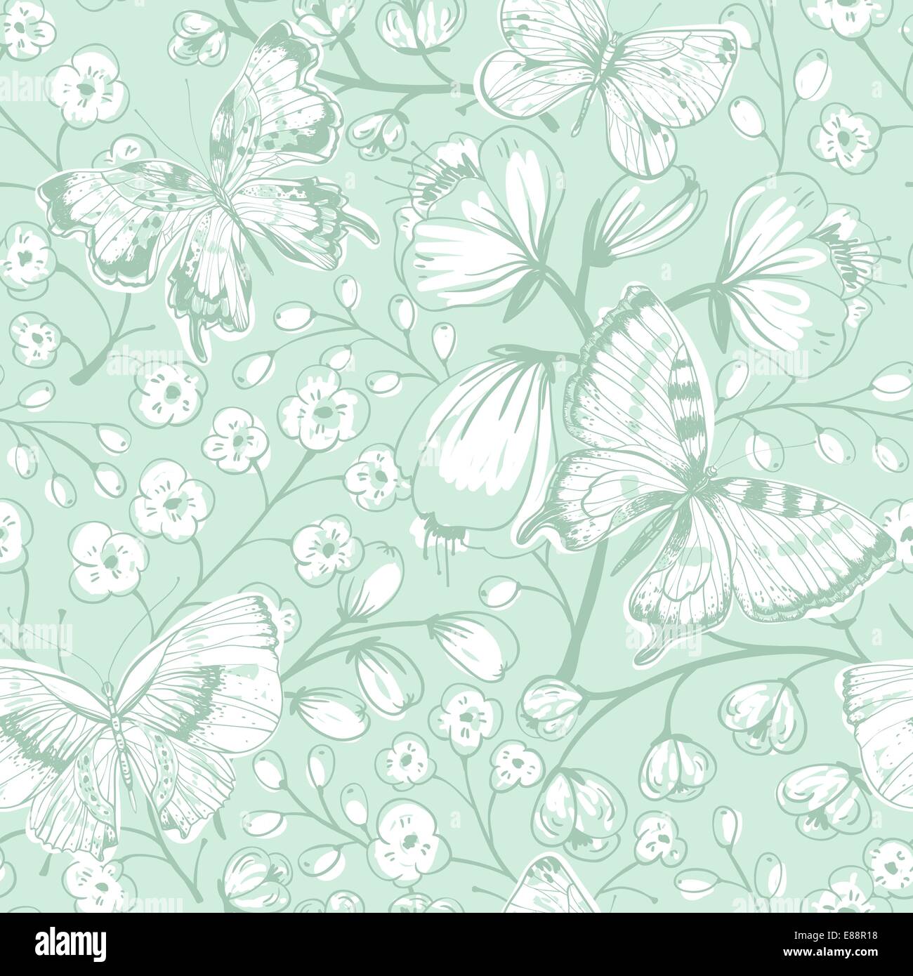vector floral seamless pattern with butterflies and flowers Stock ...