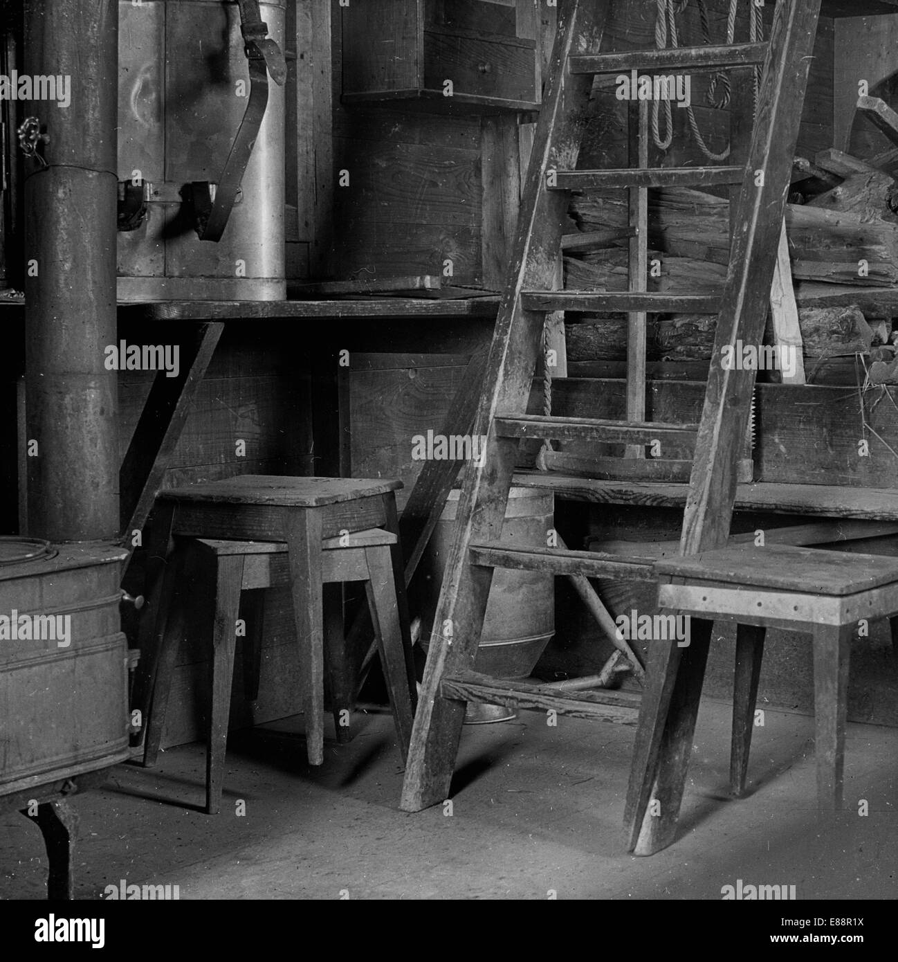 Interior of alpine cabin Cabane Rambert near the  Grand Muveran and the Frète de Saille, Valais, Switzerland. 1911. Stock Photo