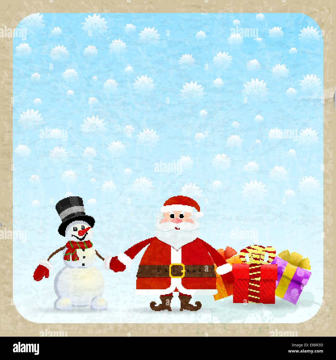 Santa Claus and snowman with gifts on a retro background Stock Vector ...