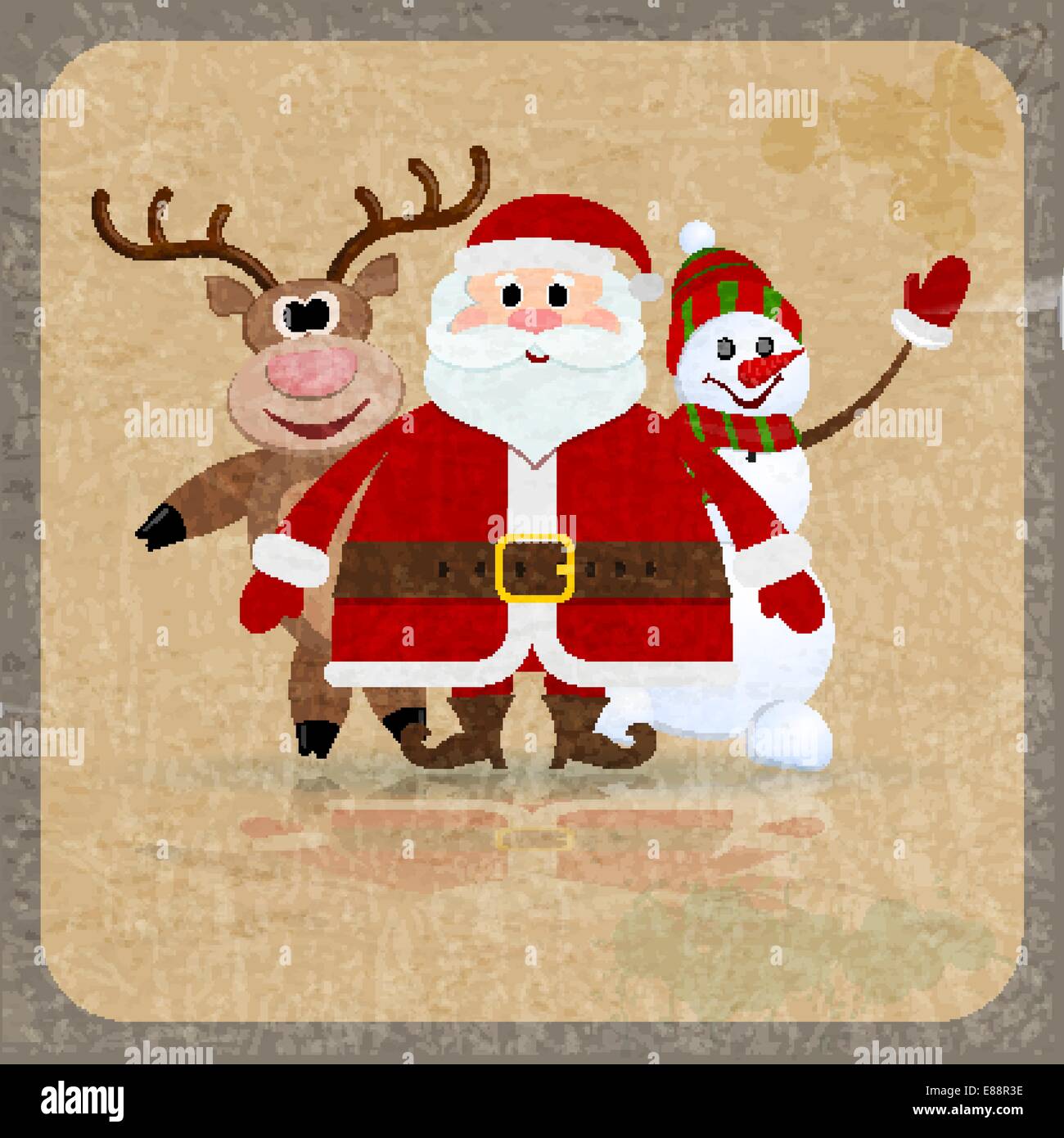 Santa Claus, snowman and reindeer on a retro background Stock Vector
