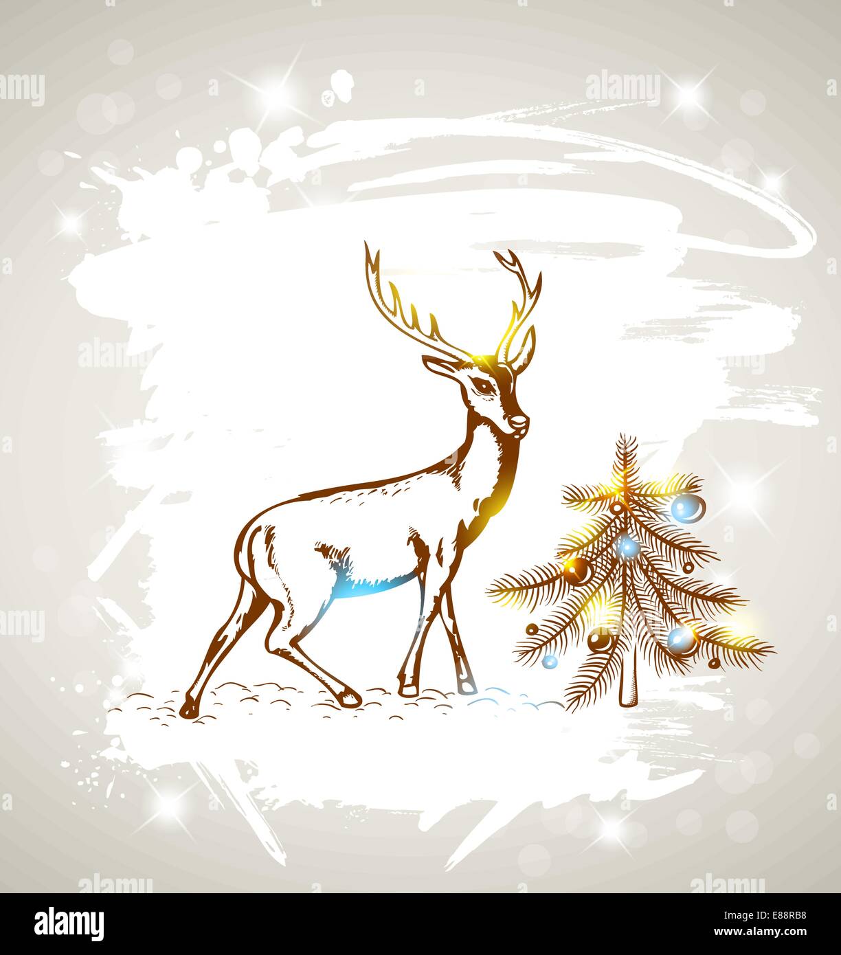 Vector Christmas grunge background with deer and Christmas tree Stock ...