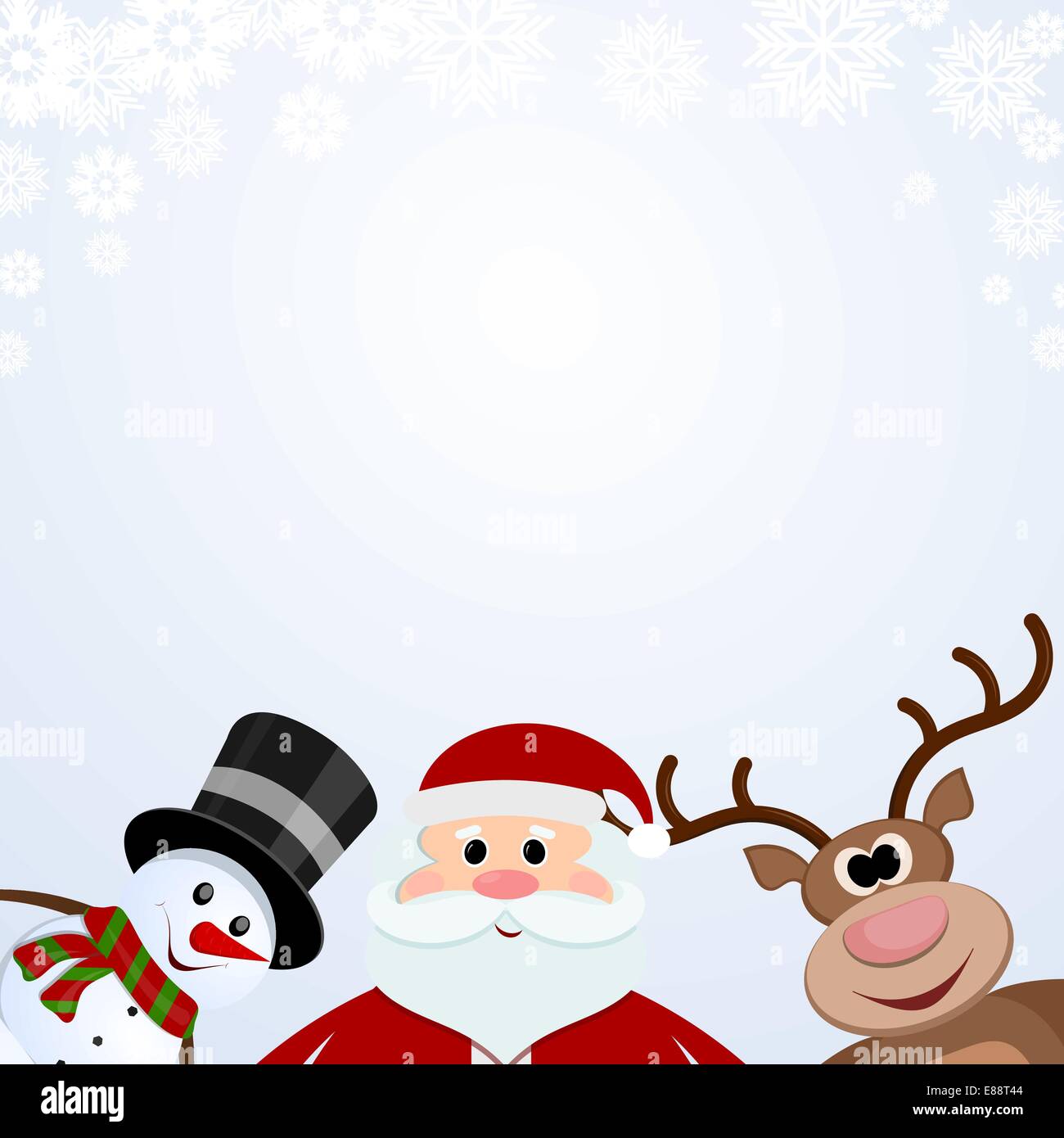 Santa Claus, snowman and reindeer on a snowy background Stock Vector