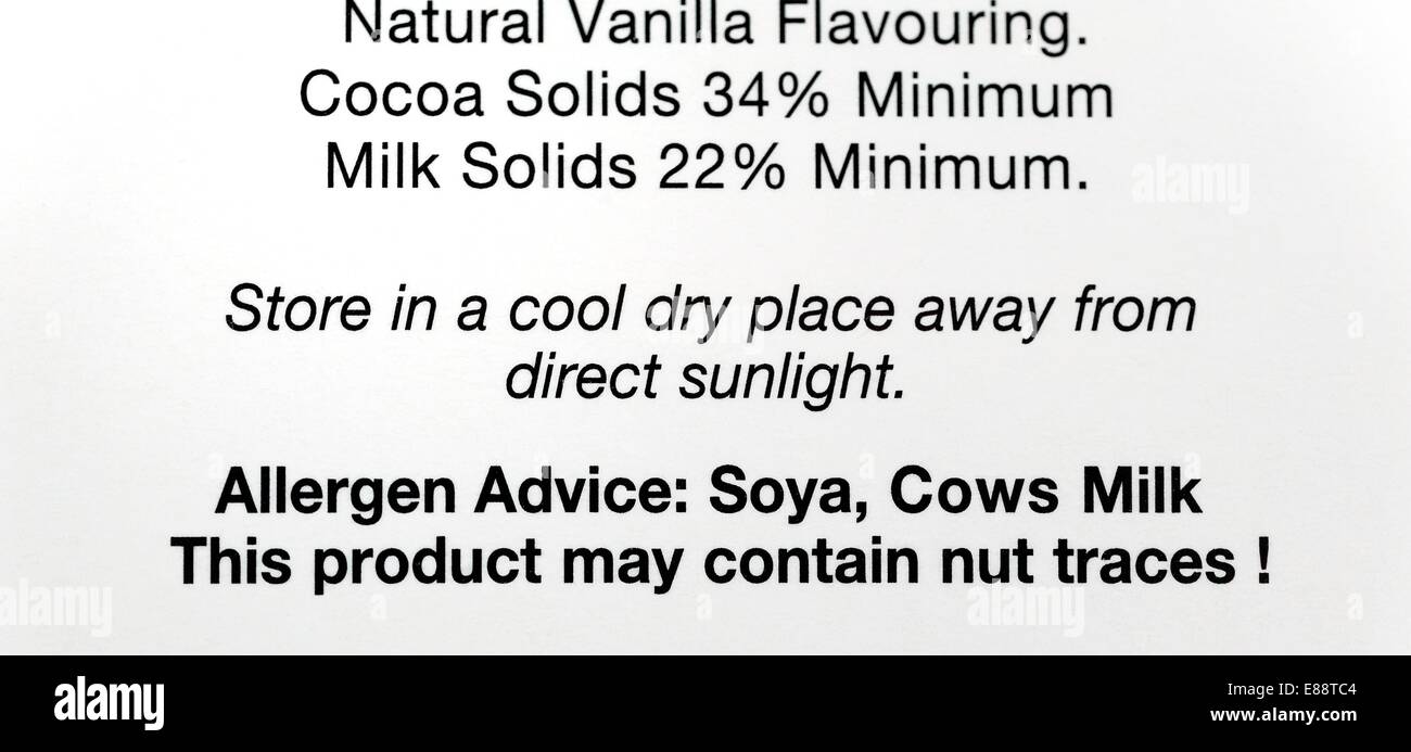 Food labeling. Allergen advice: soya,cows milk this product may contain nut traces. Stock Photo