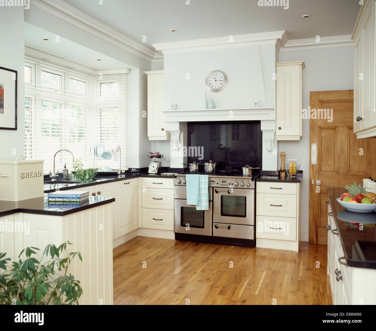 https://c8.alamy.com/comp/E88W06/wooden-flooring-and-stainless-steel-range-oven-in-modern-kitchen-with-E88W06.jpg