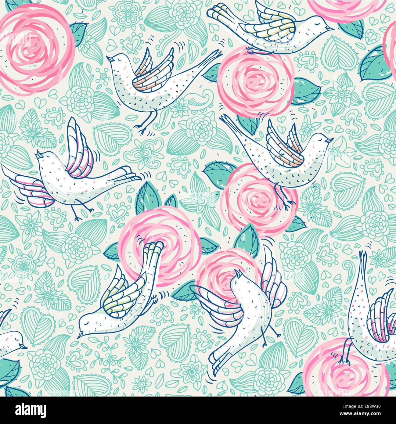vector floral seamless pattern with white doves and blooming roses ...