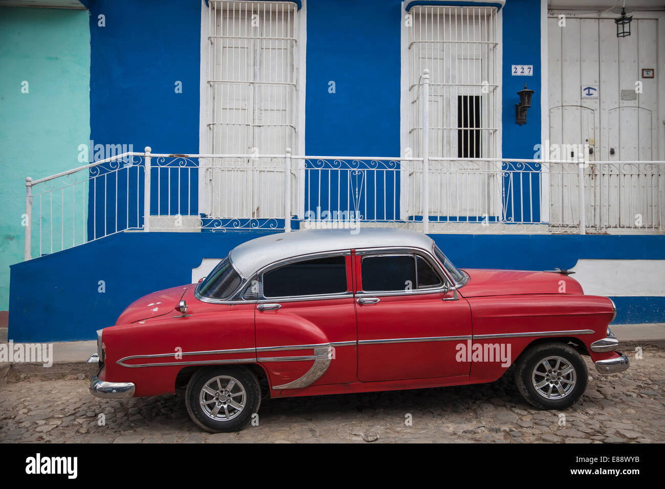 Classic American car in historical center, Trinidad, Cuba, West Indies, Caribbean, Central America Stock Photo