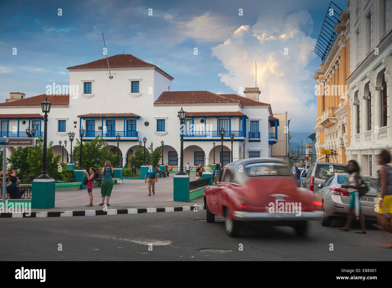Parque Cespedes looking towards the town hall and Governor's House, Santiago de Cuba, Cuba, West Indies, Caribbean Stock Photo