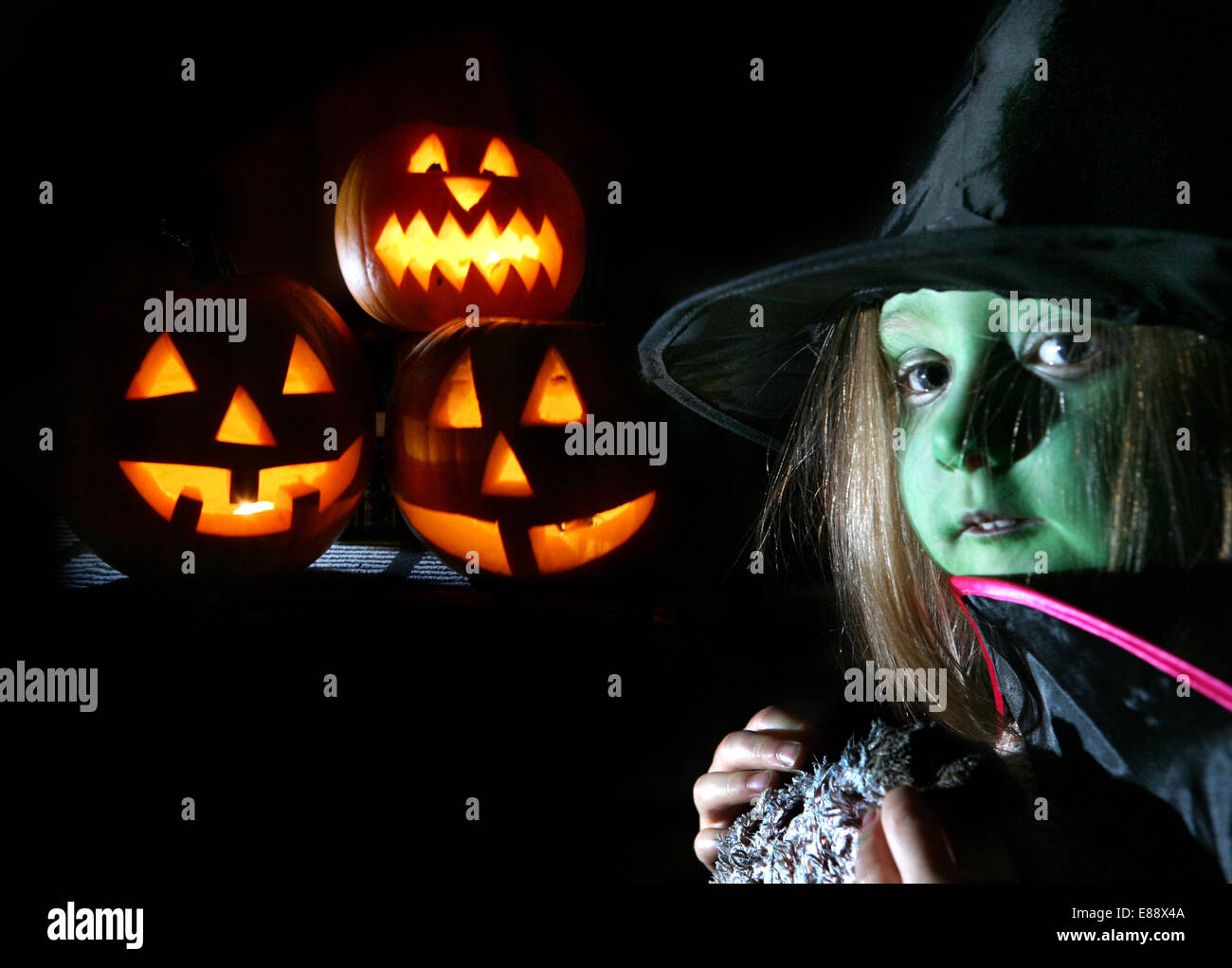 A girl in a witch costume poses in front of a collection of Halloween pumpkins Stock Photo