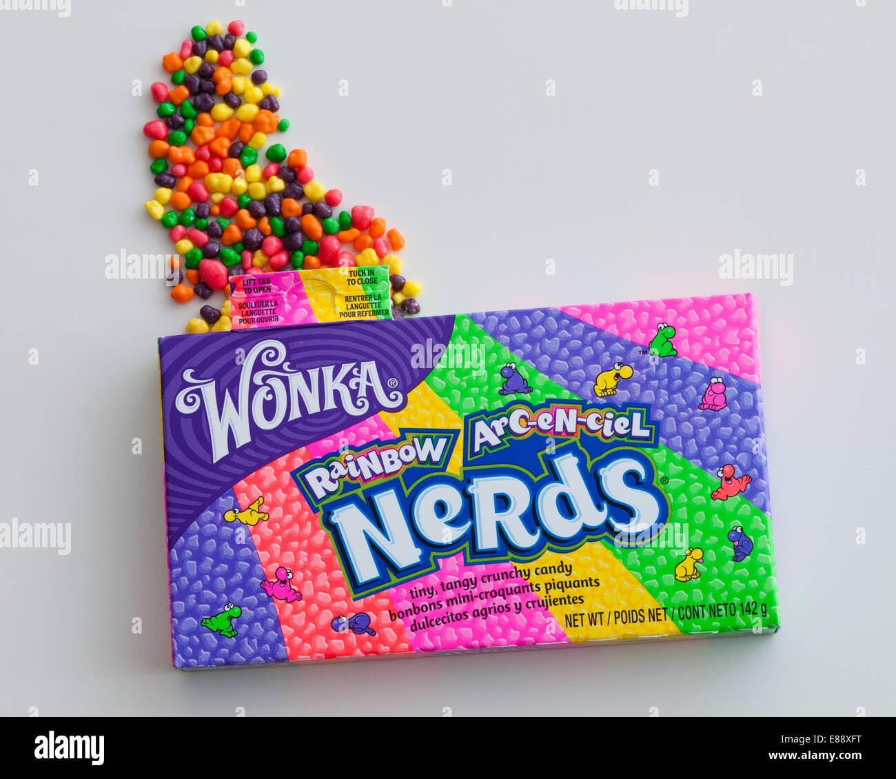 A box of Rainbow Nerds candy, currently sold by Nestlé under their Willy Wonka Candy Company brand. Stock Photo