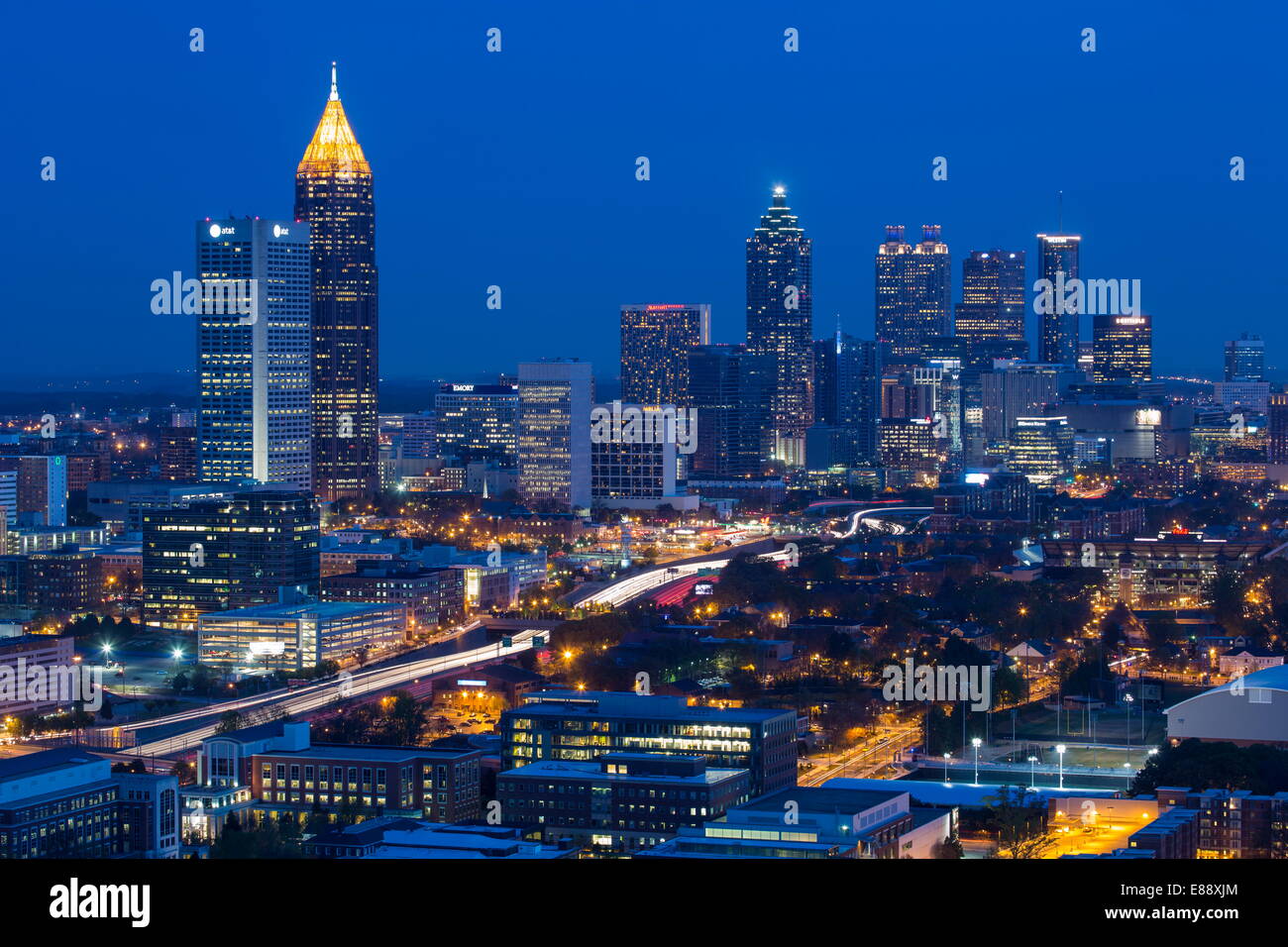 Elevated view over Interstate 85 passing the Atlanta skyline, Atlanta, Georgia, United States of America, North America Stock Photo