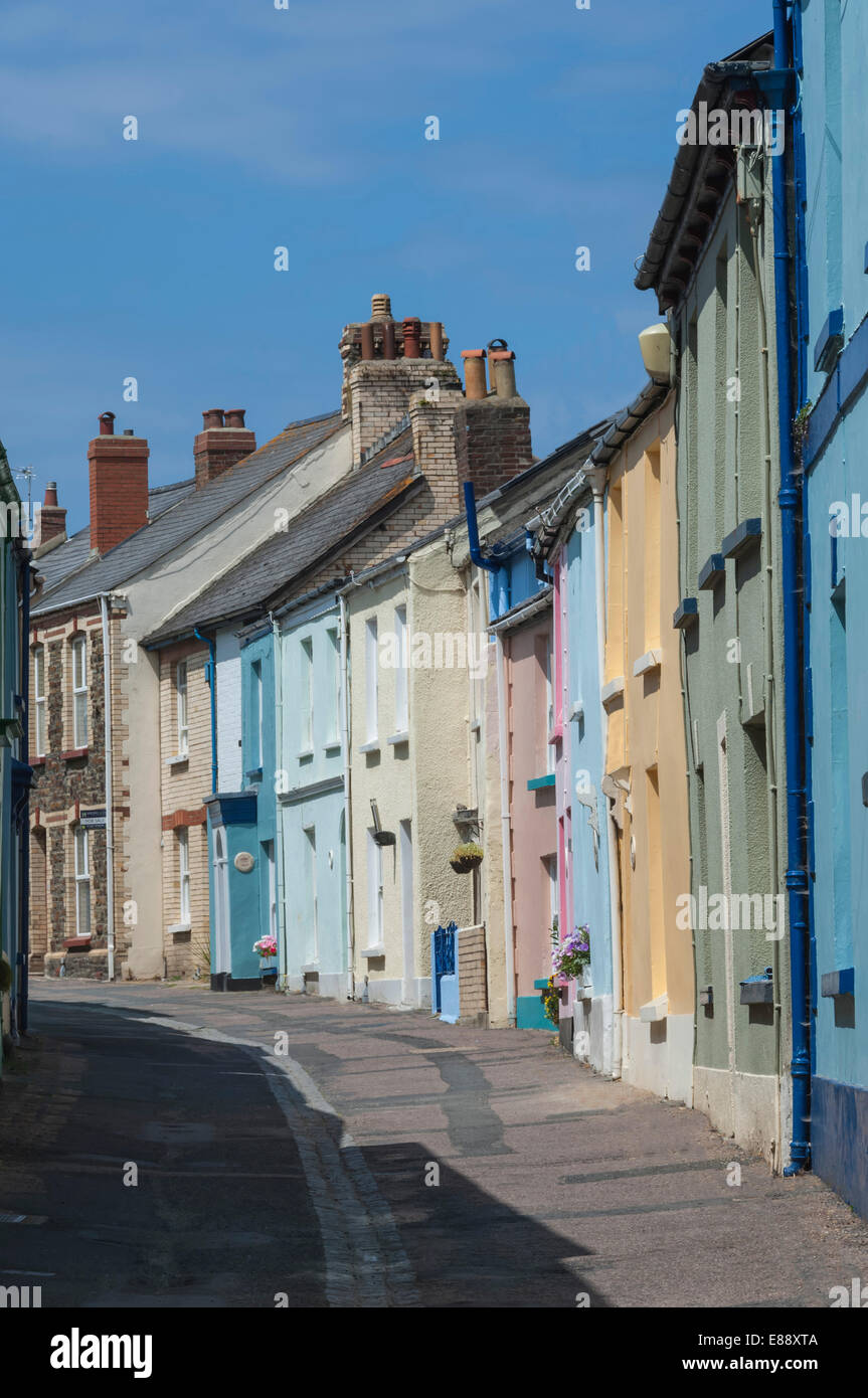 Original terrace houses preserved using pastel colours, Appledore, North Devon, England, United