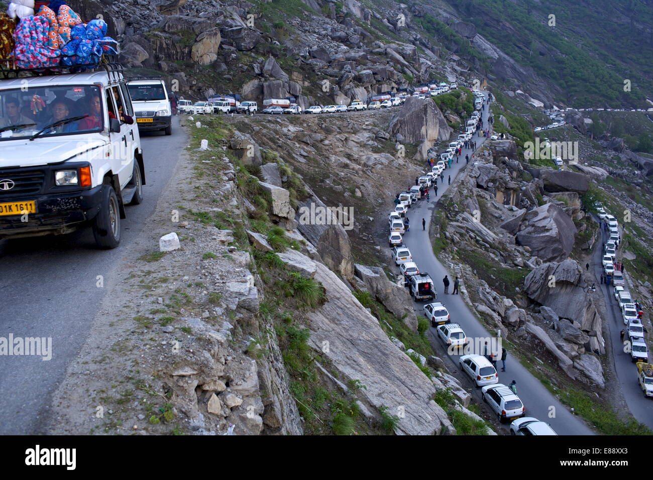 On Rohtang Pass road, traffic jam at 5 in the morning, close to Manali, road from Manali to Leh, Himachal Pradesh, India, Asia Stock Photo