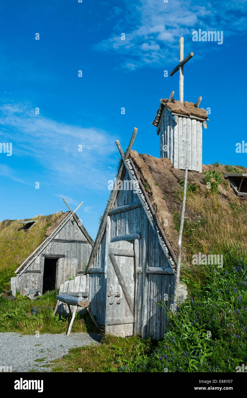 Traditional Viking buildings in the Norstead Viking Village and Port of Trade reconstruction, Newfoundland, Canada Stock Photo