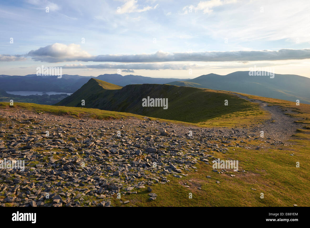 Looking towards Knowe Crags from the summit of Blencathra in the Lake District, Cumbria, England.UK. Stock Photo
