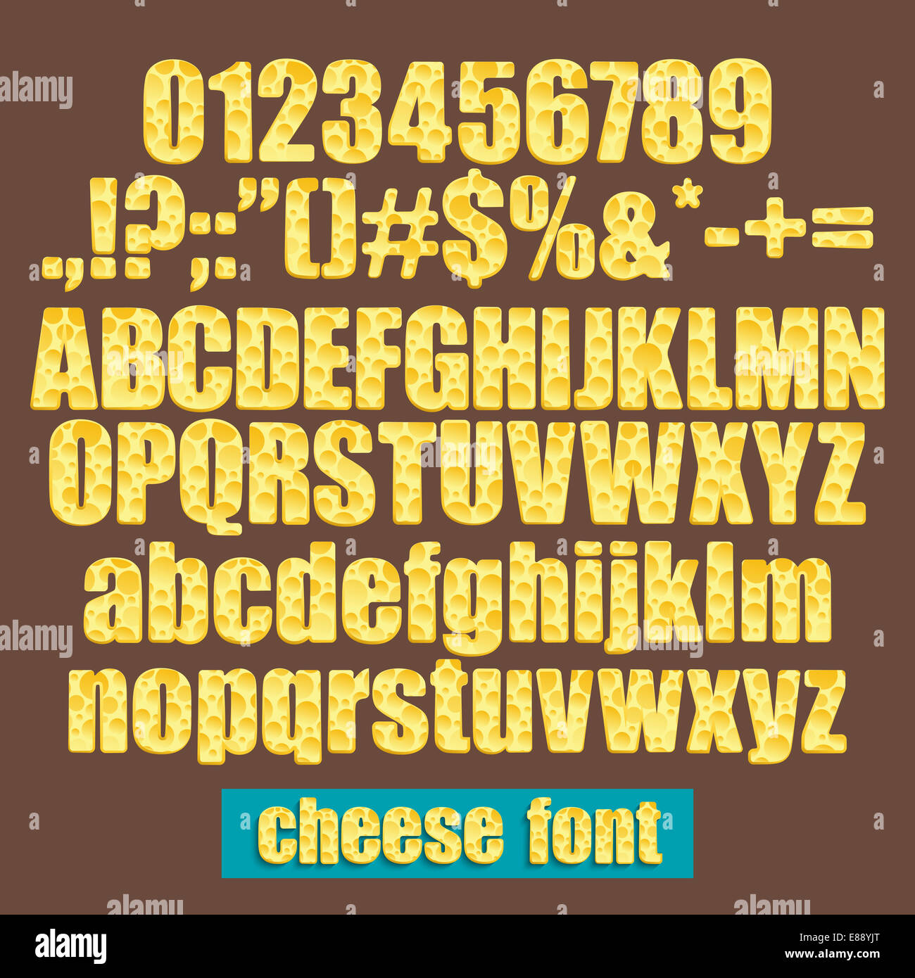 set of cheese alphabet letters, numbers and symbols. vector font design