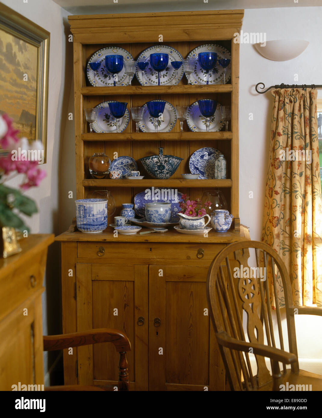 Small Pine Dresser With Collection Of Blue Wineglasses And Blue