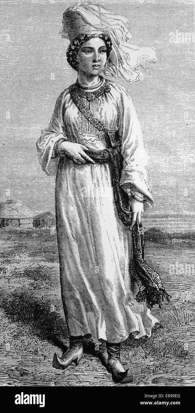 Asia. Turkemistan. Turkmen woman. 1860. Engraving. Stock Photo