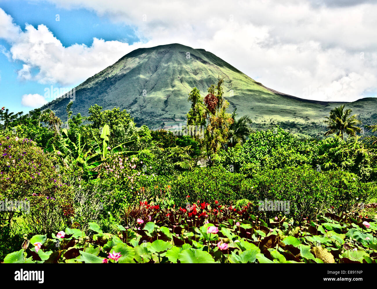 Mount Lokon volcano as viewed from Tomohon, North Sulawesi. Stock Photo