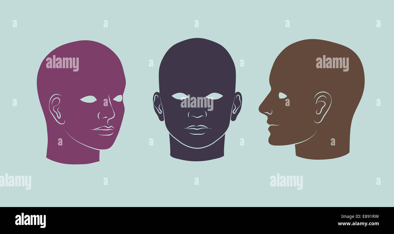 Human heads full-face, half-face and three-quarter. Vector silhouette illustration Stock Photo