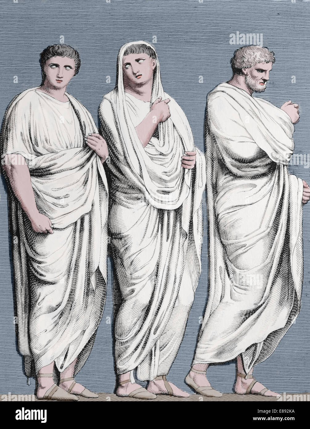 Antiquity. Ancient Rome. Roman togas. Engraving, 19th century. Later colouration. Stock Photo