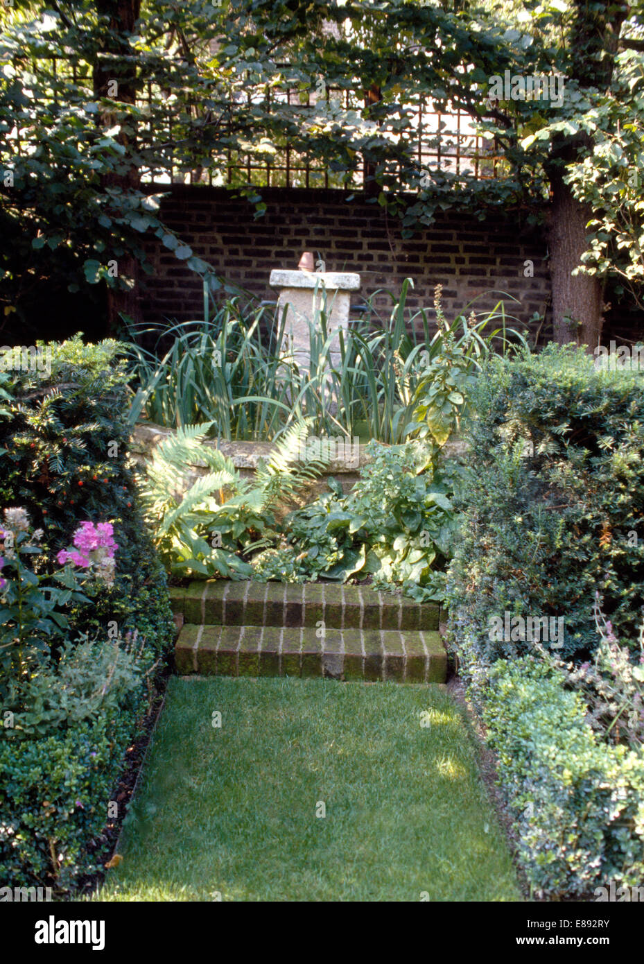 Neat borders on either side of grass path and brick steps to pond in small, well maintained town garden Stock Photo