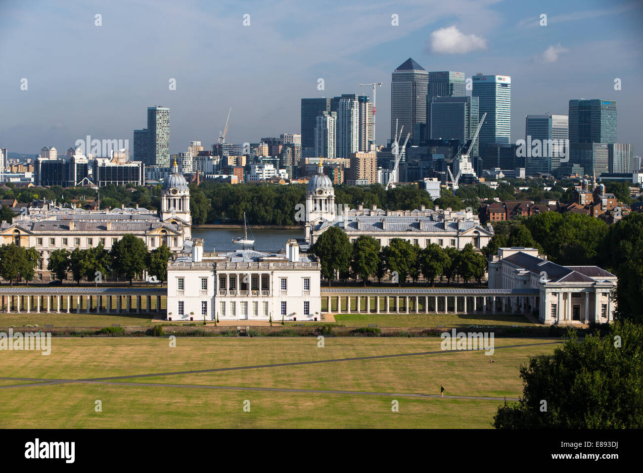 View of Canary Wharf with the Maritime Museum from the Royal Observatory Greenwich Stock Photo