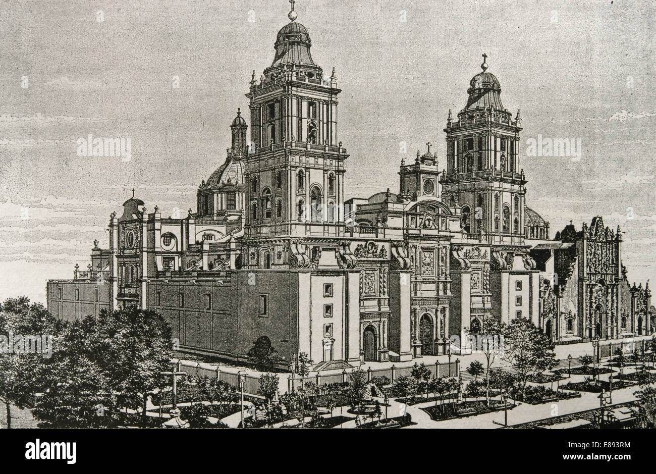 Mexico. Mexico city. Cathedral Assumption Mary. Catholicism church. Engraving. The Illustration, 1887. Published in Spain. Stock Photo