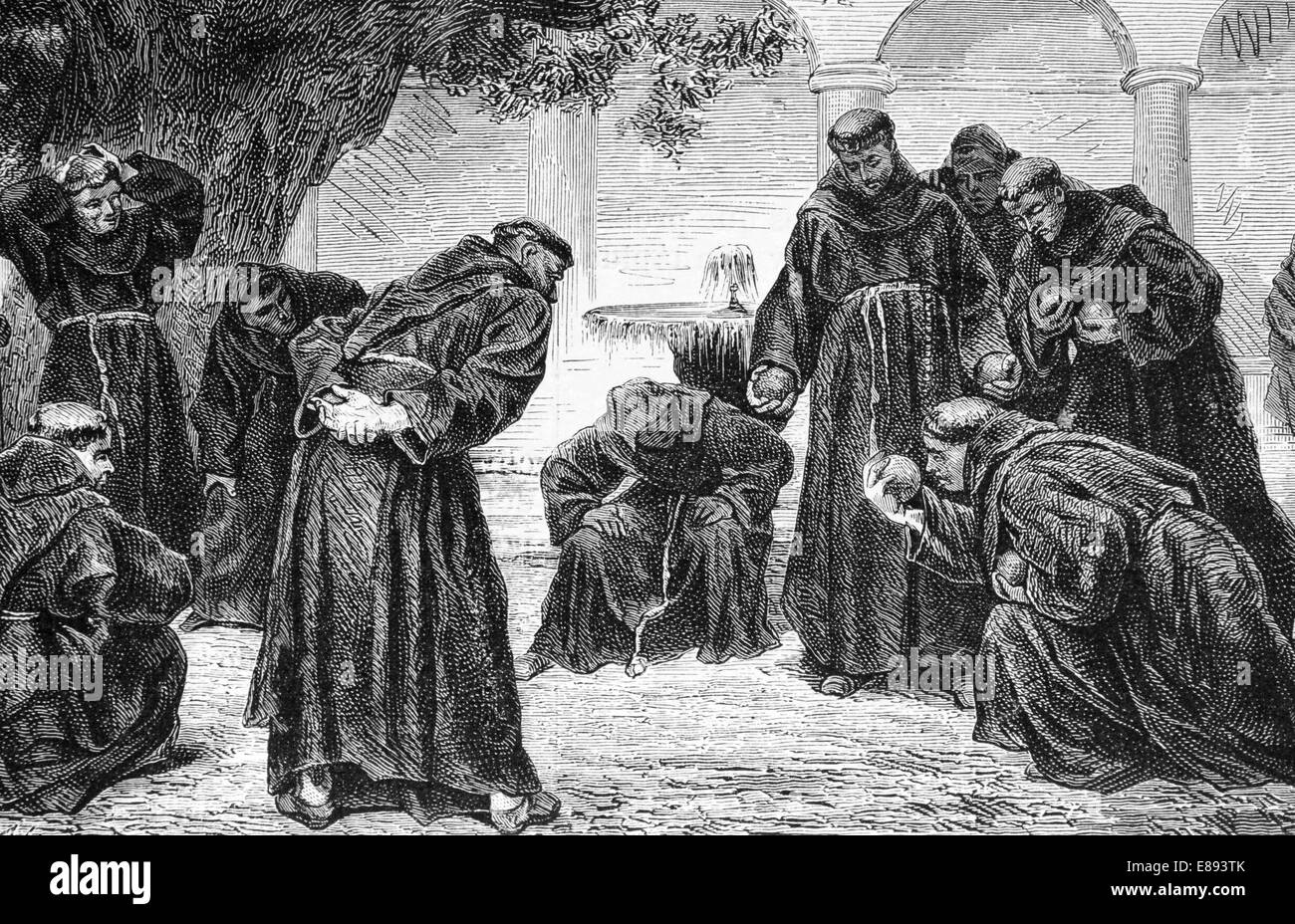 Entertainment Italian friars. Engraving, 1885. Published on Illustrated Word. Stock Photo