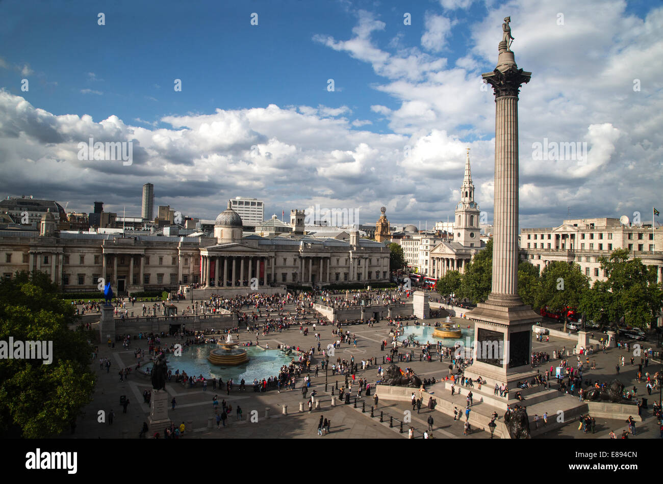 View of Trafalgar Square looking north with Nelson's column,the National Gallery and St Martin in the Field's church Stock Photo