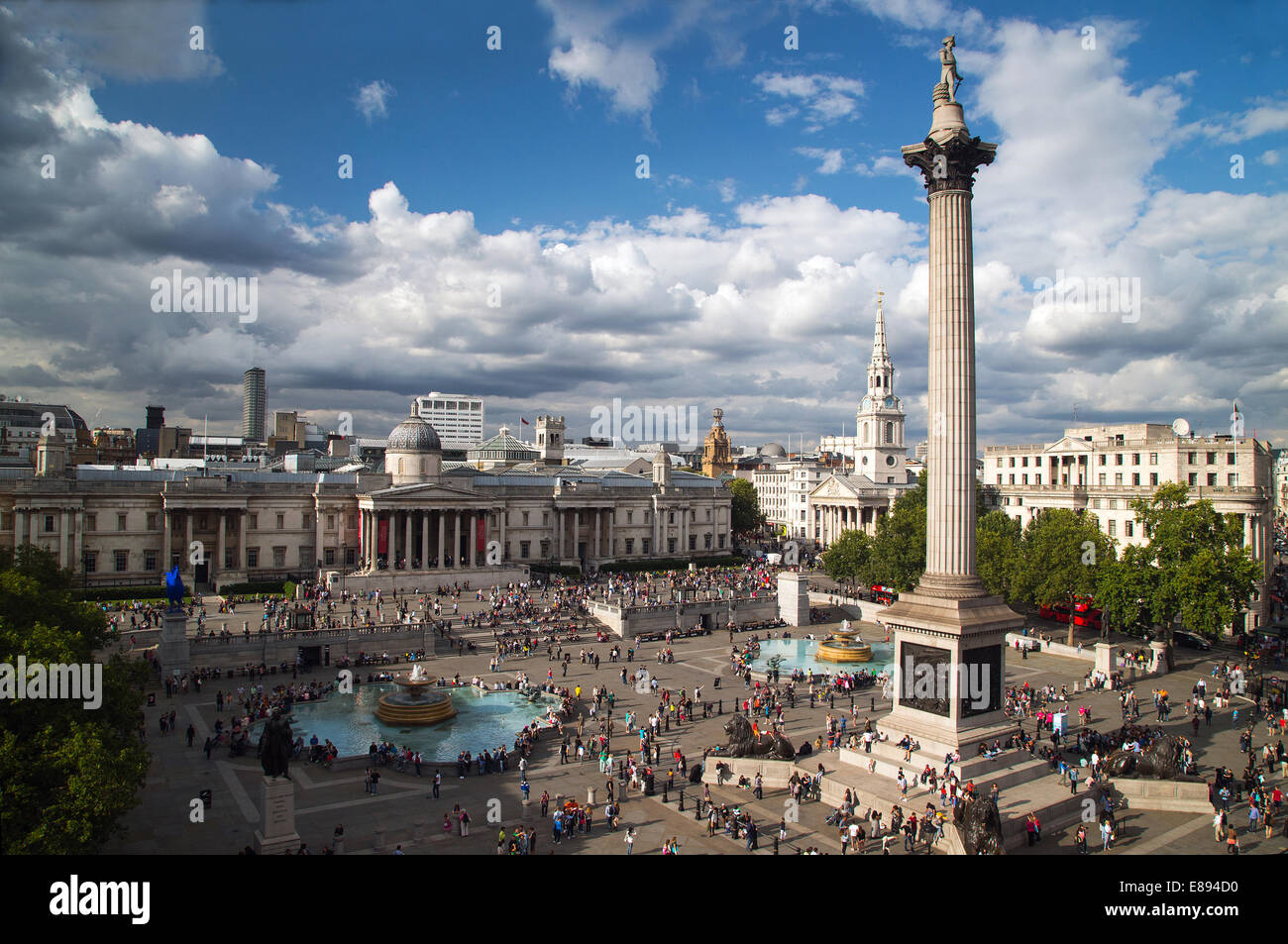 View of Trafalgar Square looking north with Nelson's column,the National Gallery and St Martin in the Field's church Stock Photo