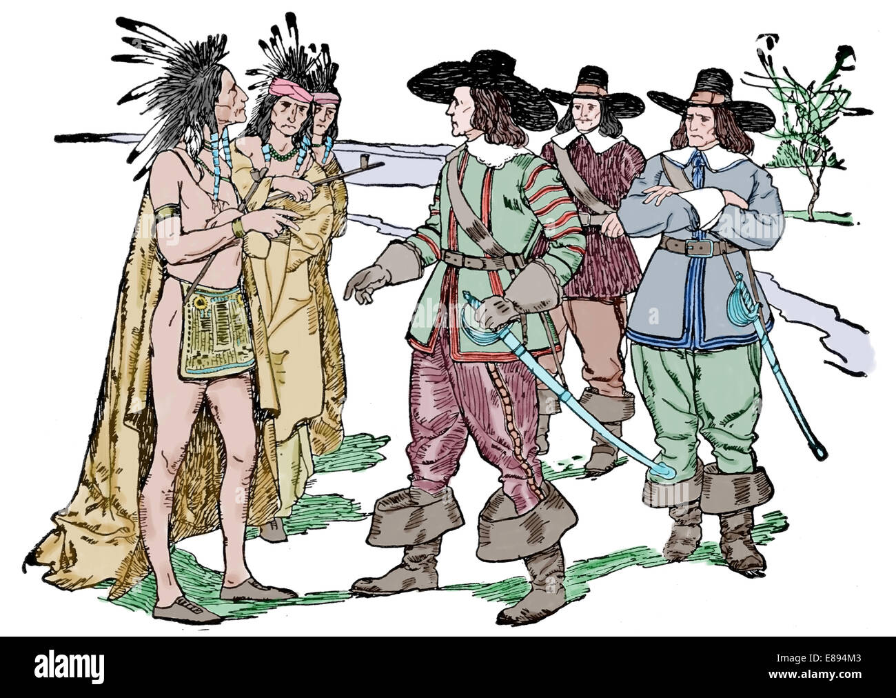 North America. English Explorers bartering for land. Engraving by A History of the United States for Schools. Later colouration. Stock Photo
