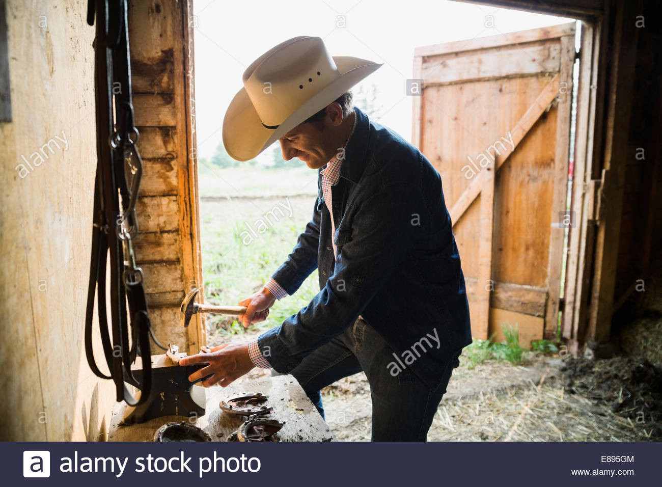 Rancher hammering horseshoe at workbench in barn Stock Photo