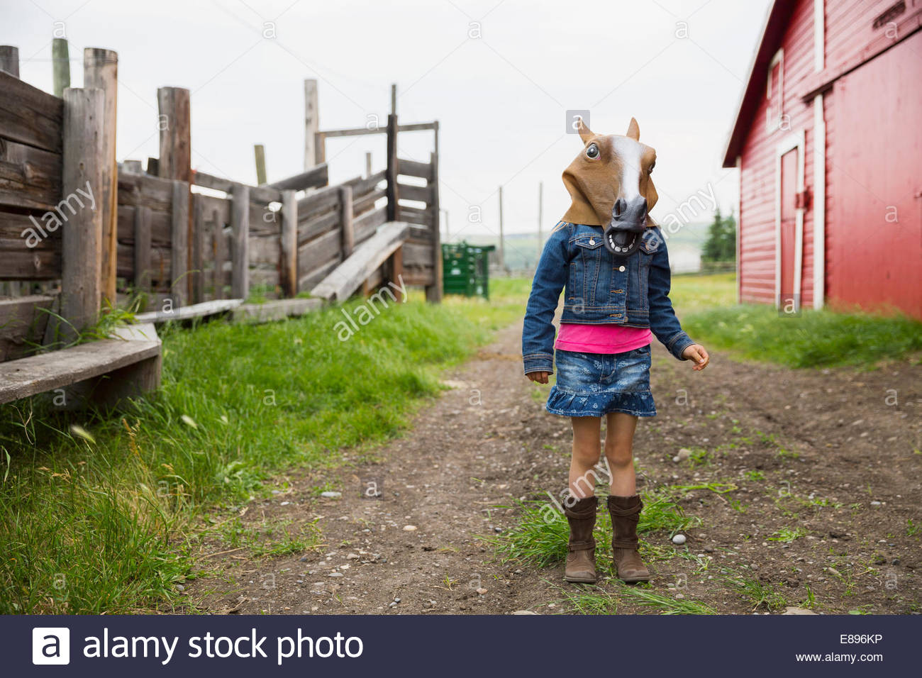 Girl wearing horse mask outside barn Stock Photo Alamy