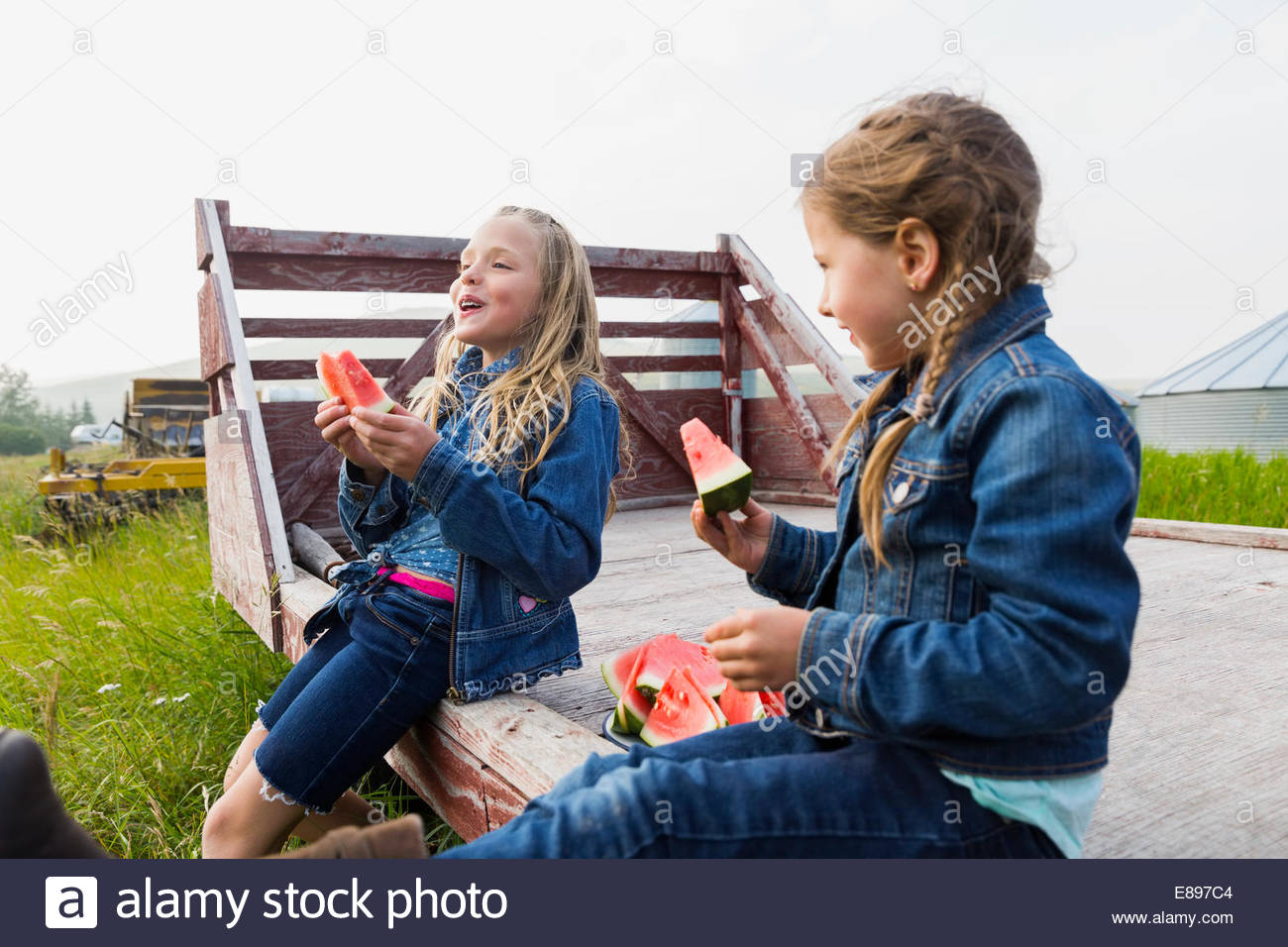 Girls eating watermelon on farm Stock Photo
