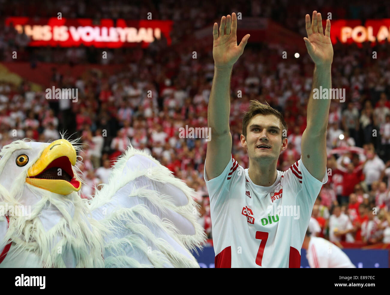 21.09.2014, Katowice, Poalnd. FIVB International World Cup finals between Poland and Brazil. Poland celebrate with Karol Klos (POL) Stock Photo